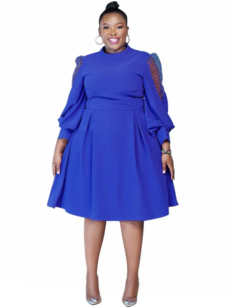 XL-5XL Plus Size Elegant Midi Dress 2024 Autumn Women Bohemian Dress Casual Long Sleeve Bandage Robe Blue Oversize Dress