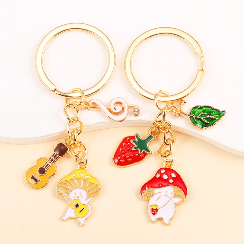 Lovely Enamel Mushroom Elf Guitar Strawberry Keychain Kawaii Cartoon Pendants Keyring For Women Men Car Key Bags Hanging Jewelry