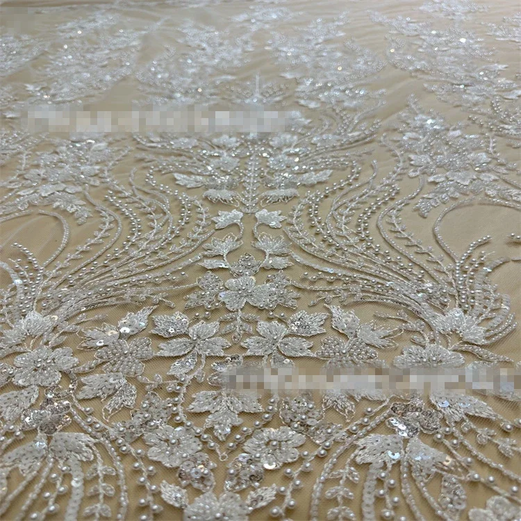 

2024 Crystal Sequins Pearls Embroidery Beading Lace Fabric Off White Wedding
