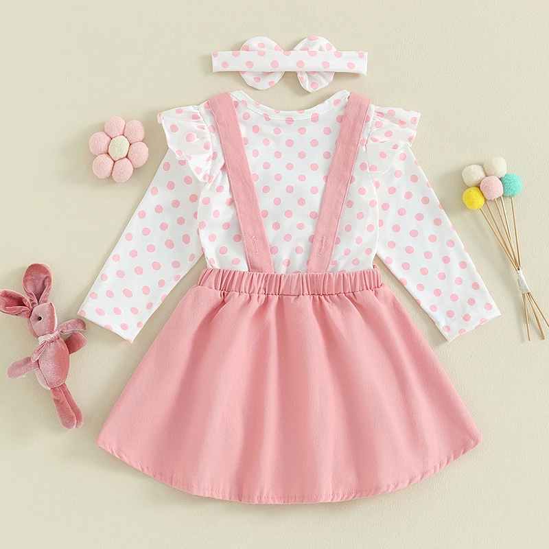 

Baby Girls Easter clothes Newborn Spring Outfits Long Sleeve Romper dresses Bunny infant Suspender Skirt Sets 3Pcs