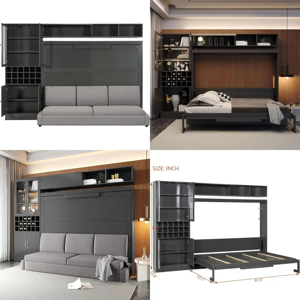 

Gray Queen Size Wall Bed with Sofa, Storage Shelves, USB Ports, and Lighting for Space-Saving Furniture in Small Apartments