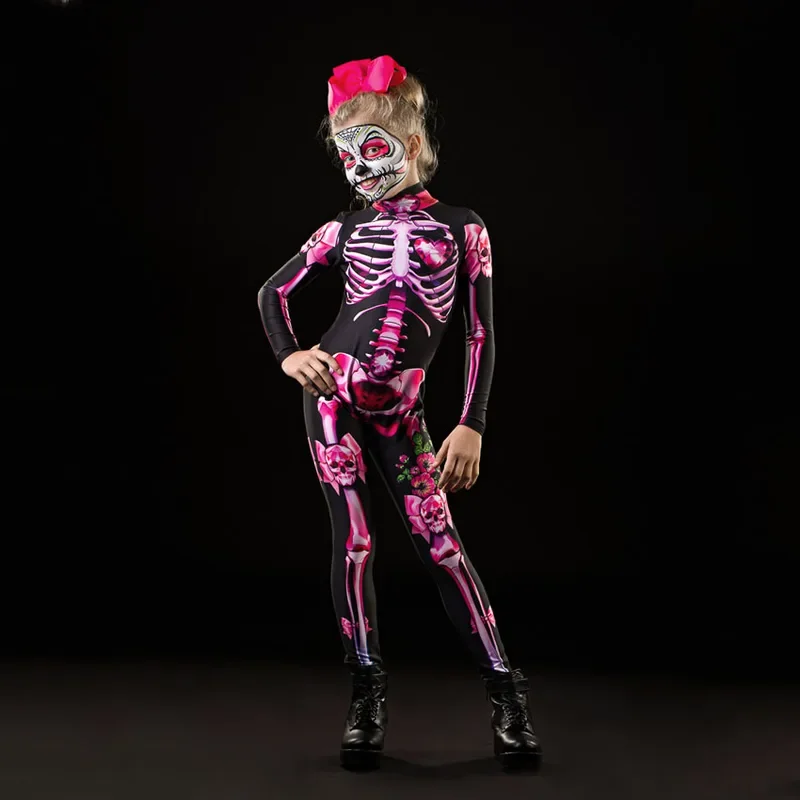 Adult Kids Halloween Skeleton Cosplay Jumpsuit Pink Rose Woman Sexy Skull Scary Costume Girls 3D Print Bodysuit Mother Daughter