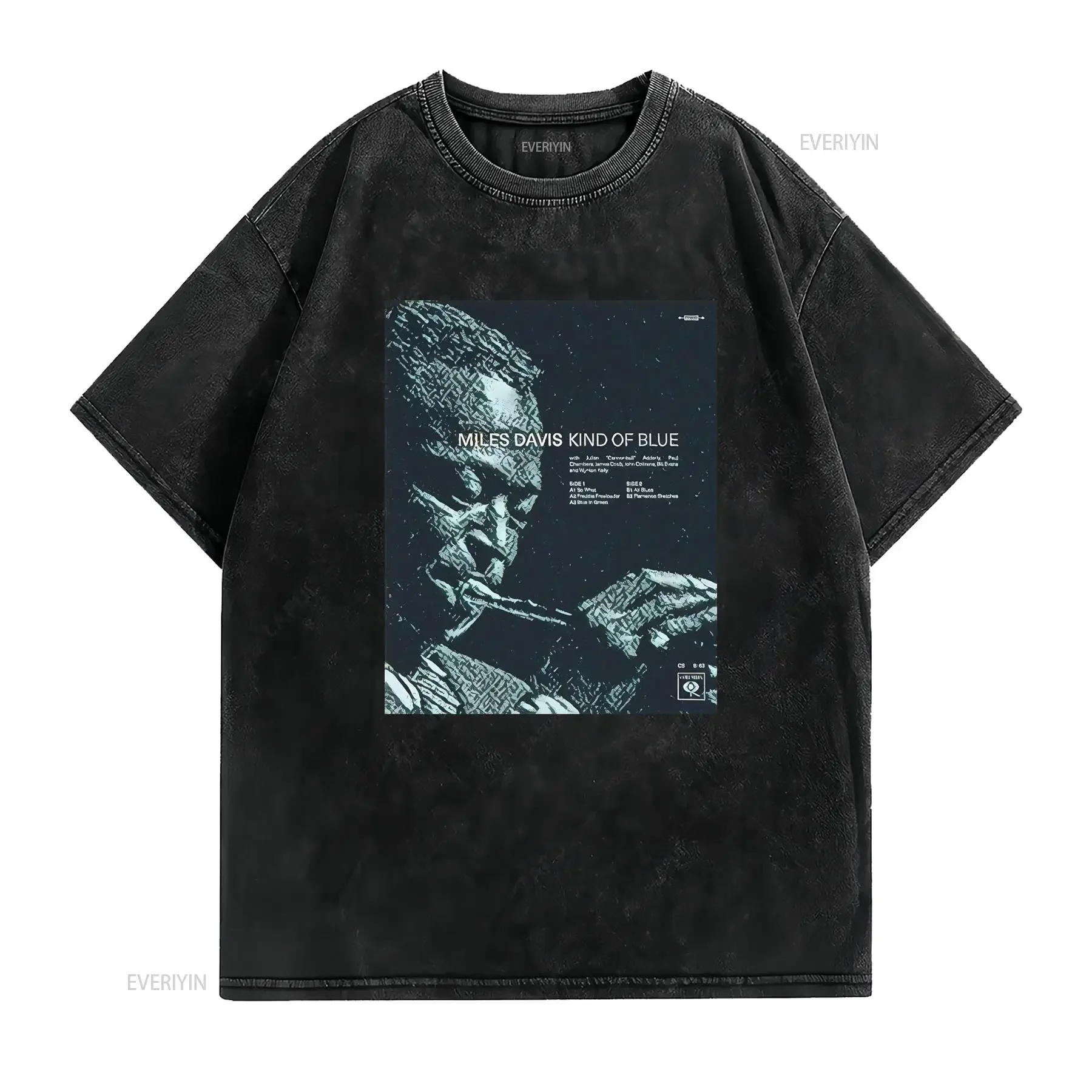 Vintage Jazz Music Miles Davis Kind of Blue Album Print Casual T Shirt vintage Washed streetwear graphic homme Breathable
