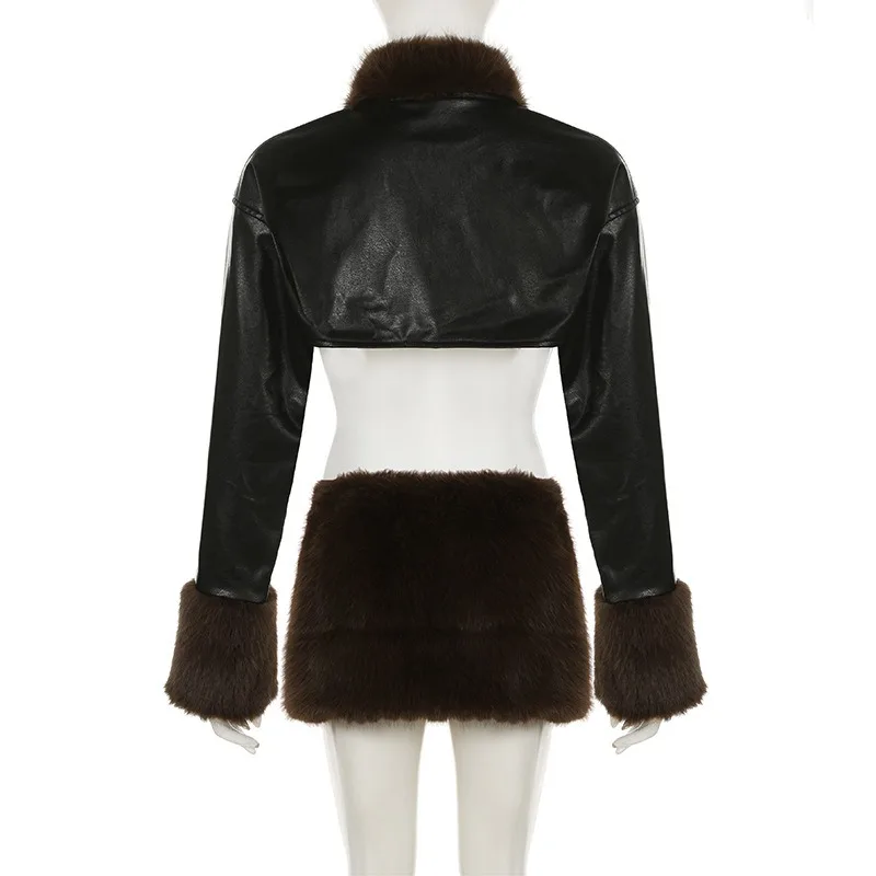 Furry Patchwork PU Leather Long Sleeve Open Stitch Jackets Crop Top + Faux Fur Bodycon Mini Skirts Women Fashion 2 Piece Set