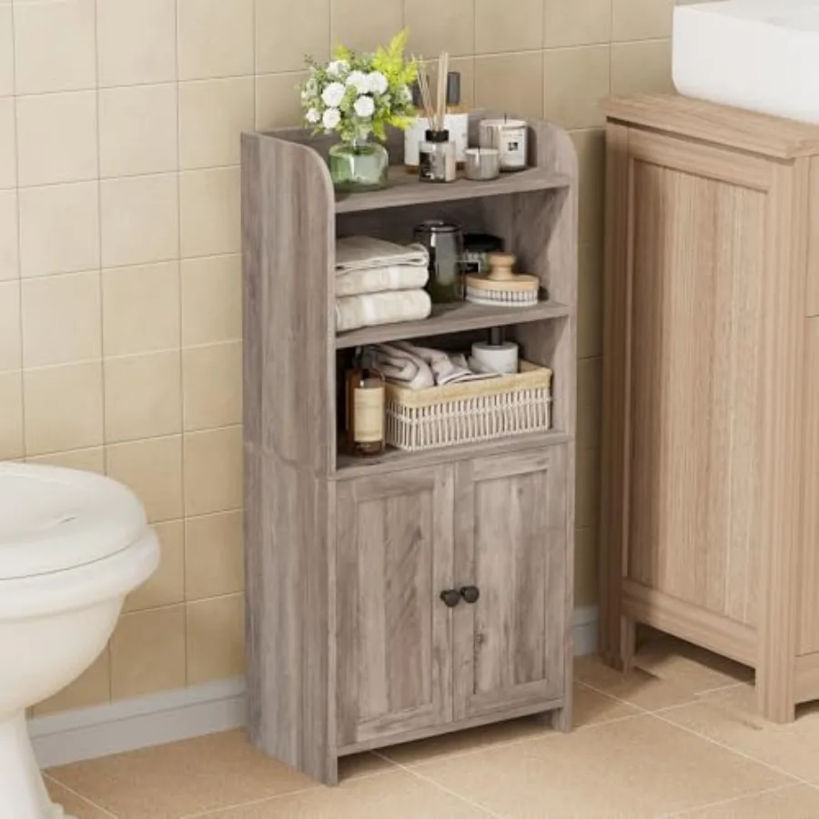 

Small bathroom storage cabinet for toilet paper and essentials freestanding greige MDF unit with 2 doors and adjustable shelves