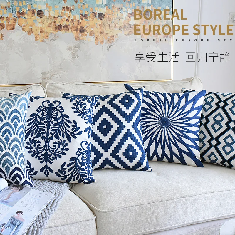 

Chinese Classical Sofa Pillowcase Towel Embroidered Vintage Pillowcase Blue and White Porcelain Embroidered Waist Pillowcase