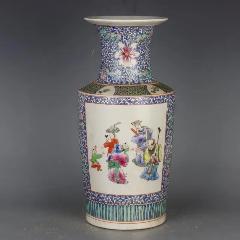 Blue Chinese Antique Porcelain Vase Qing Cylinder Shape Ceramic Pottery Hand-Painted People Porcelain Vase 40cm Home Dec