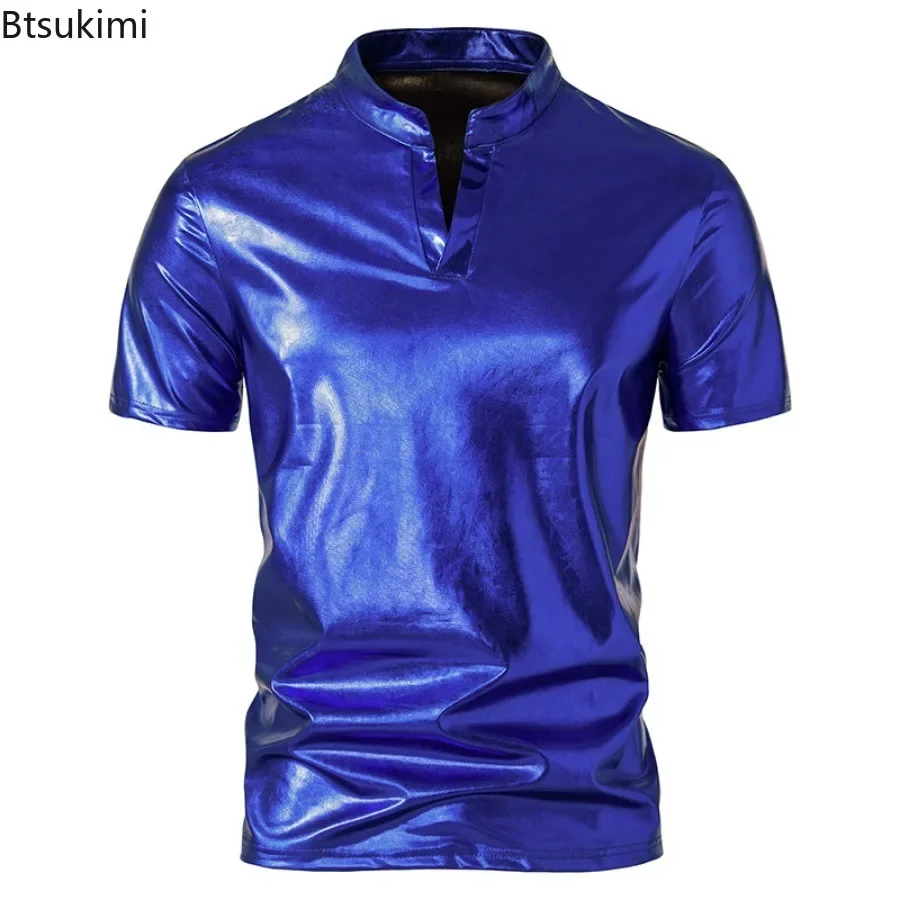 2026 Men\'s Hipster Glossy Short Sleeve T-shirt Trend Henry Collar 70s Disco Nightclub Party Tees New Men Hip Hop Tops Streetwear