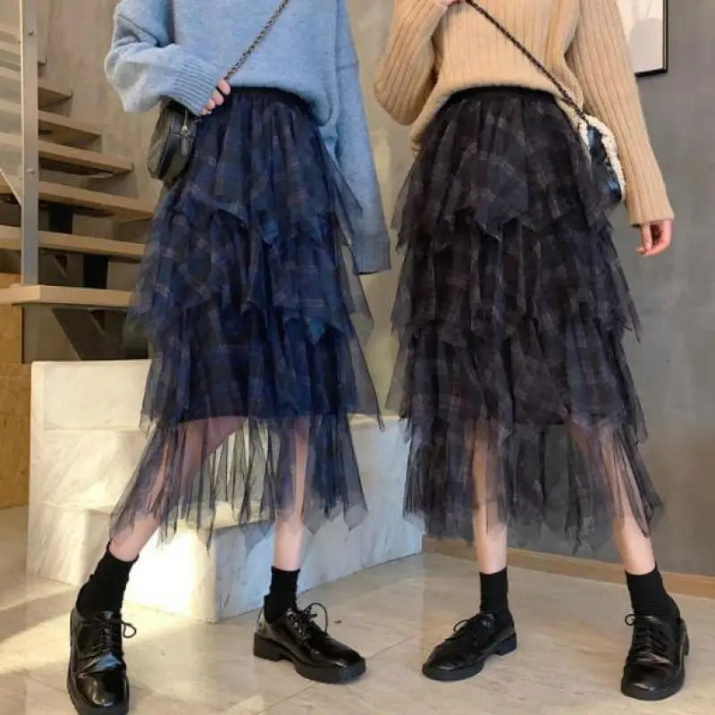 

2024 Summer New Elastic High Waist Irregular Mesh Skirt Korean Casual Simple Temperament Women Plaid Long Skirt Free Shipping