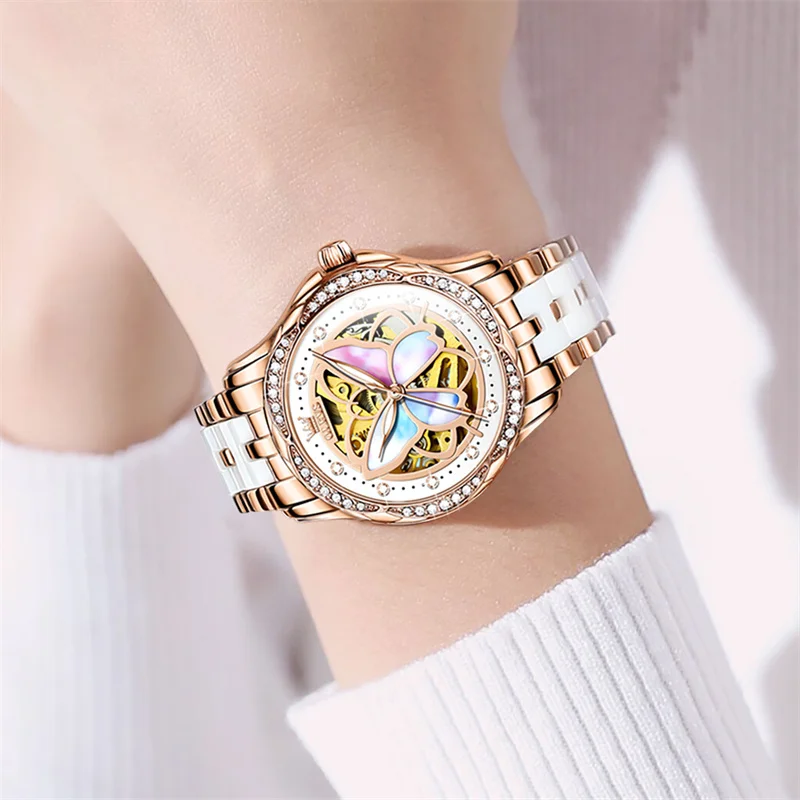 OLEVS Women Watches Fashion Colorful Butterfly Dial Automatic Mechanical Watch Top Brand Luxury Ladies Wristwatch Reloj Mujer