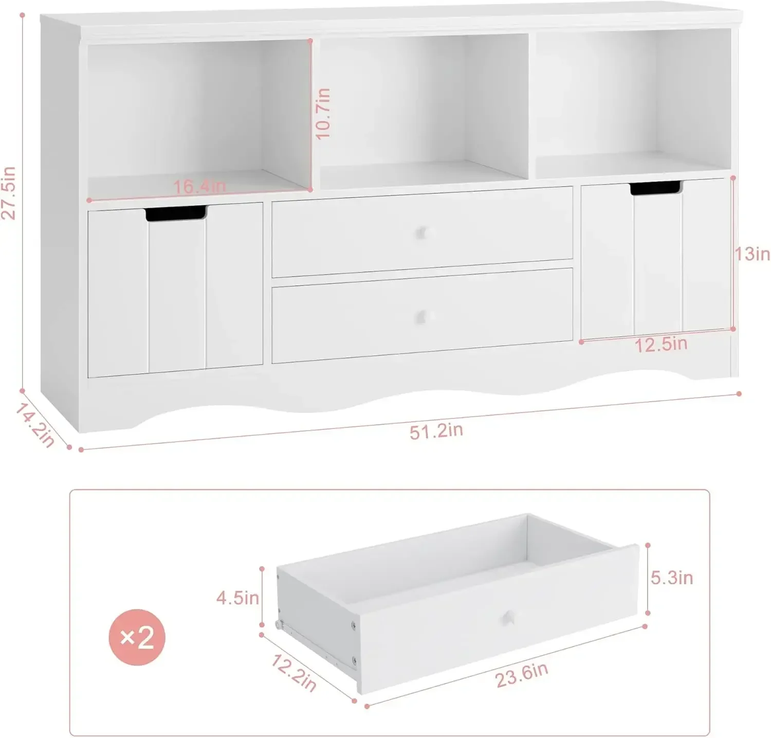 51,2 inch grote speelgoedopbergorganisator met 2 laden en 3 vakjes, speelgoedorganisatoren en opbergruimte voor boeken of poppen, boekenplank