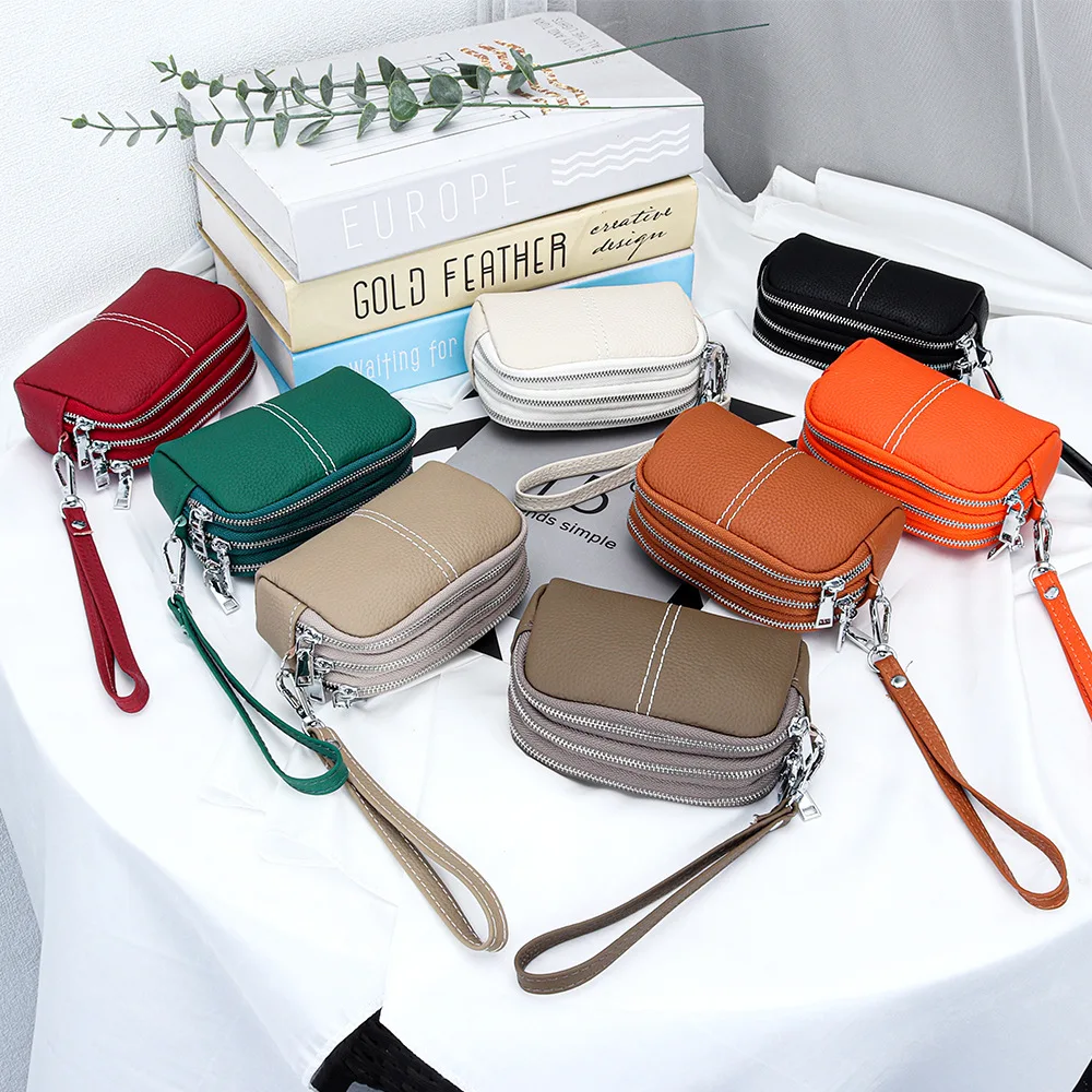 Women Wallet Genuine Leather With Zipper Wristlet Bag Cowhide Lady Clutch Coin Purse Credit Card Holder Mobile Phone Bag