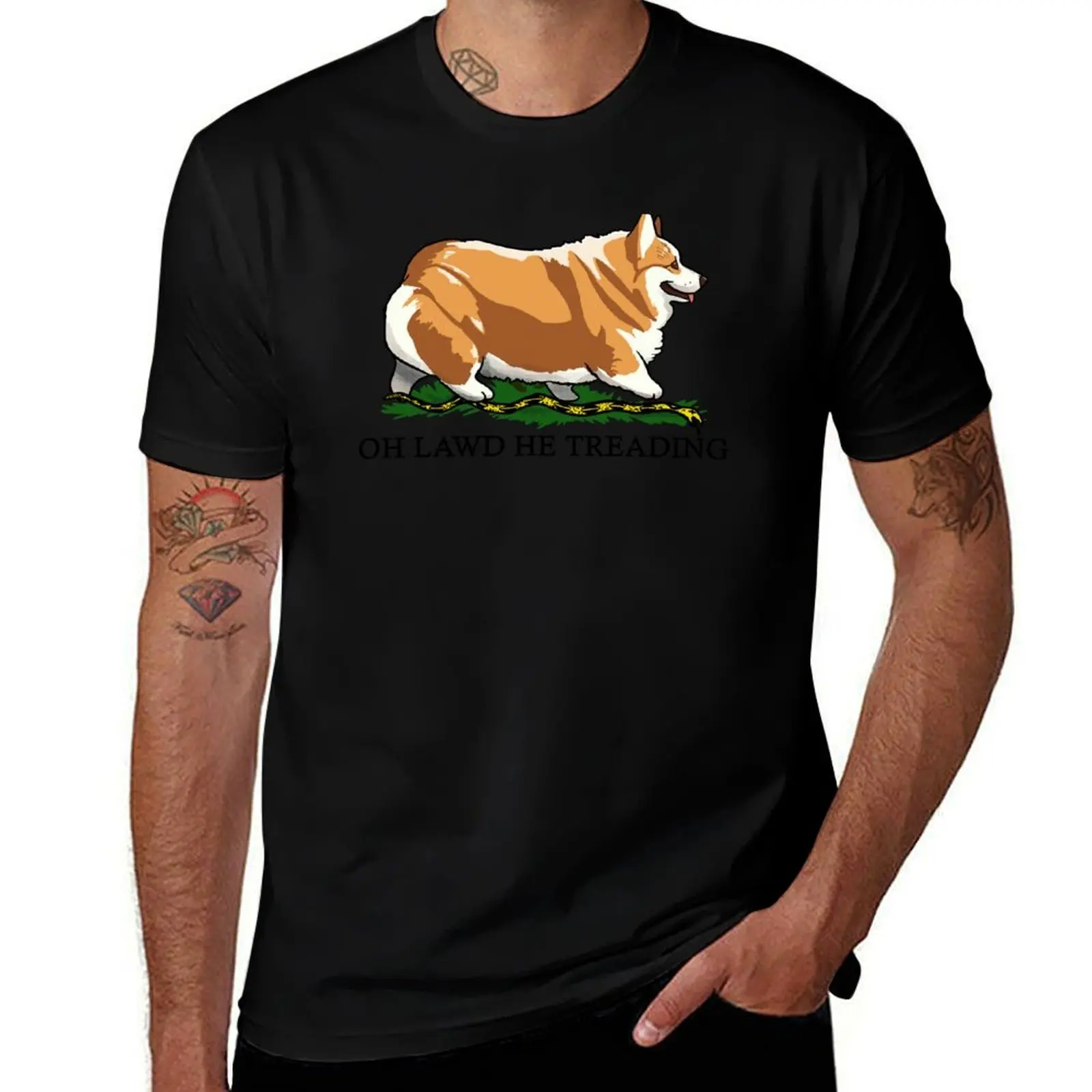 Oh Lawd He Treading Corgi Dog T-Shirt Novelty Graphic Tee Shirt