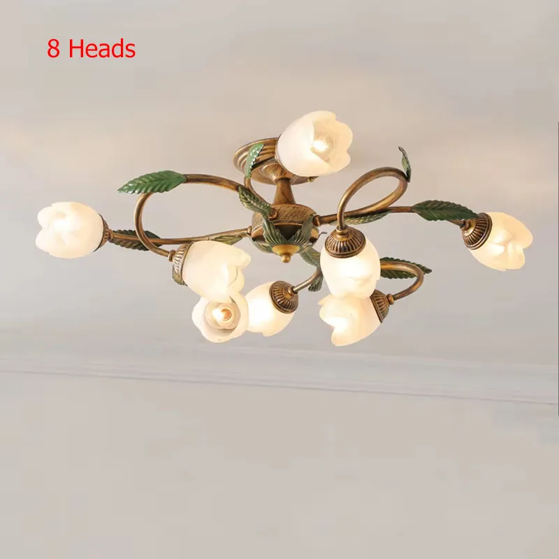 8-Heads American Retro Glass Villa Living Room Corridor Led Lamps French Romantic Countryside Flower Bedroom White Ceiling Light