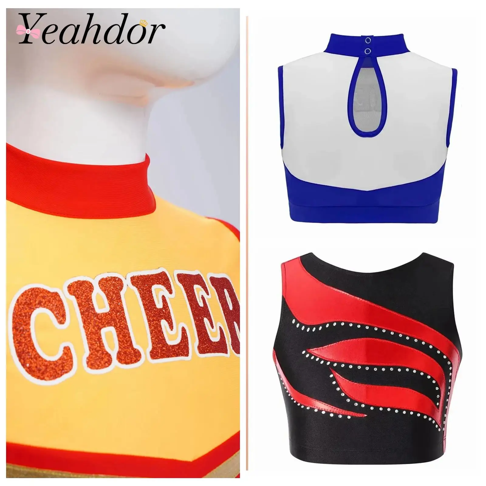 Kids Girls Cheerleading Dance Tops Sleeveless Vests Mock Neck Letters Printed Crop Top for Cheerlead Performance Children's Tops