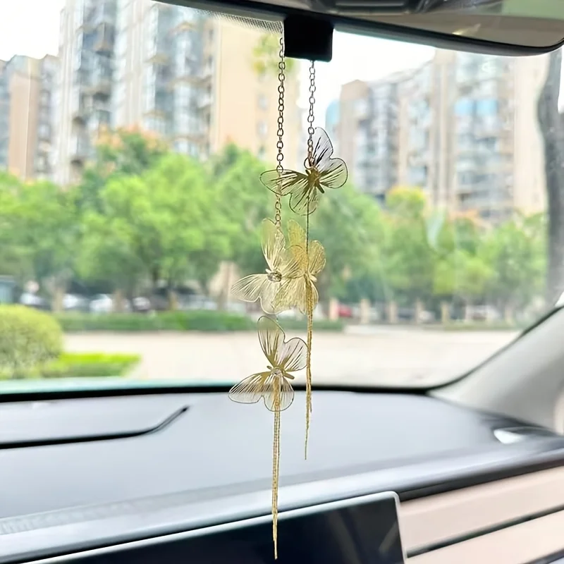 Car Rearview Mirror Pendant Decorative Fashion Trend Elegant Delicate Butterfly Long Tassel Hanging Pendant Gift Accessories