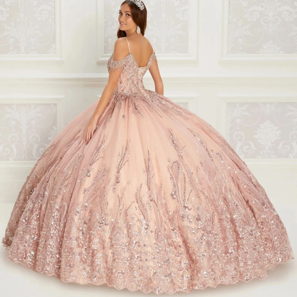 Изящные платья Quinceanera с открытыми плечами, блестящее бальное платье с аппликацией и бисером, розовые мексиканские милые платья 16 лет