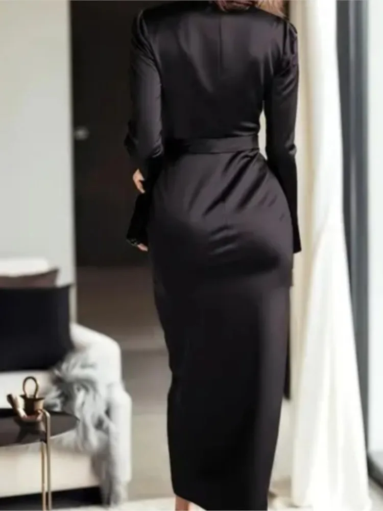 فستان أنيق بأكمام طويلة برباط للربيع والخريف للنساء بخصر نحيف للحفلات المسائية فساتين ماكسي للنساء رداء نسائي #4