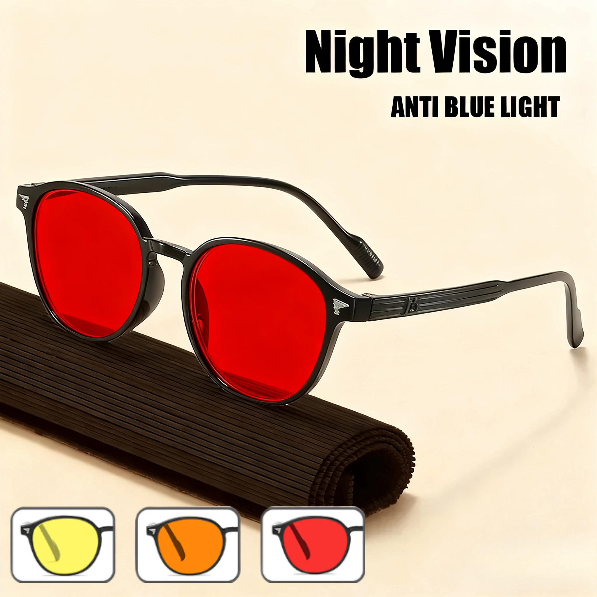 Men's Ultralight Fashion Night Vision Glasses Orange and Red Lens Protective Glasses Vintage Round Frame Anti Blue Light Glasses