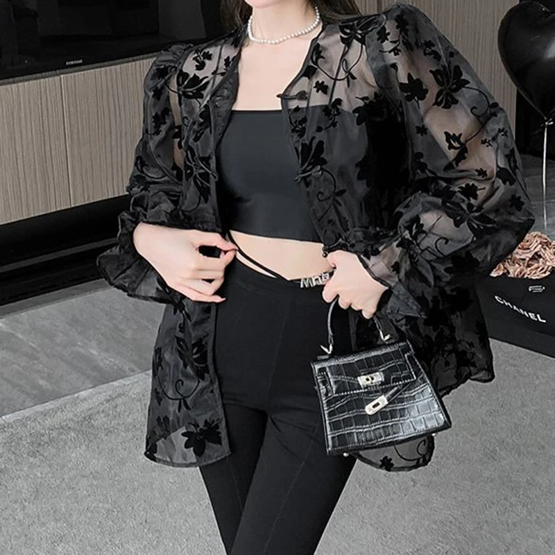 French lace mesh long sleeved shirt for women's summer new design, Korean versatile sun protection cardigan top