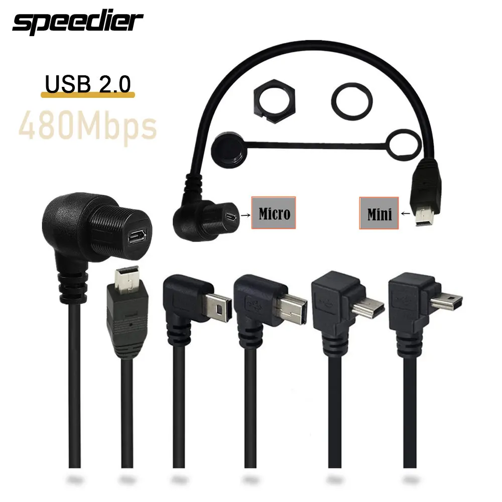 Double Angled Mini 5P Male To USB 2.0 Micro 5P Female Flush Panel Mount Waterproof Cable 30cm for Car Motorcycle Dashboard Cable