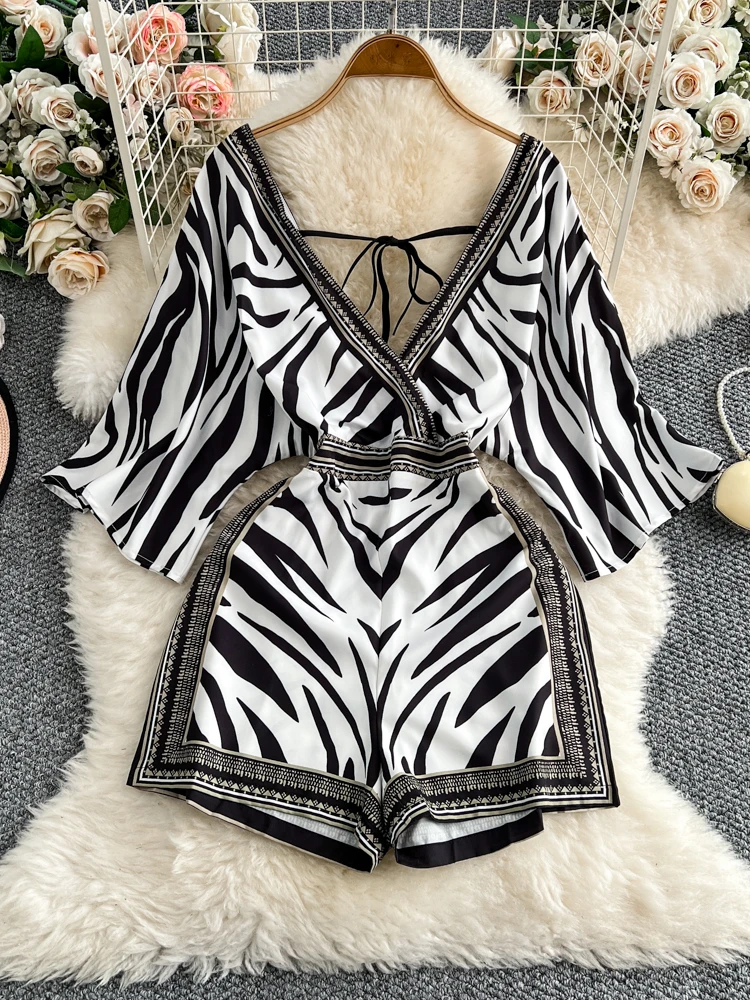 

Pure Desire Sexy Knot Deep V Ne Seven Sve Dr Women Summer New Waist Slim Print Wide Leg orts Suit