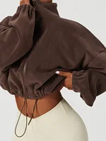Loose Stand Collar Fleece Casual Jacket Women's Comfortable Polyester Blend Long Sleeve Zipper Closure Fashionable Sweatshirt