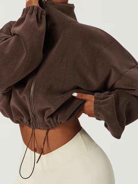 Loose Stand Collar Fleece Casual Jacket Women's Comfortable Polyester Blend Long Sleeve Zipper Closure Fashionable Sweatshirt