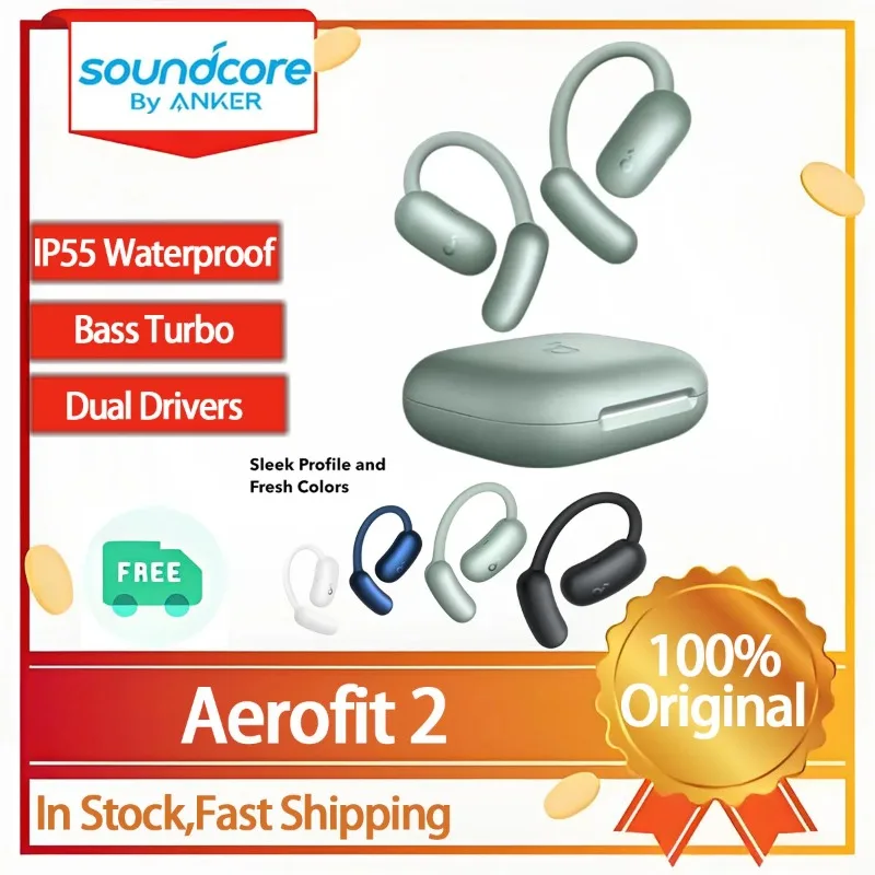 

SoundCore AeroFit 2 Open-Ear Wireless Earbuds Bluetooth 5.4 IP55 Waterproof Sports Earphones Adjustable Ear Hooks Hi-Res Audio