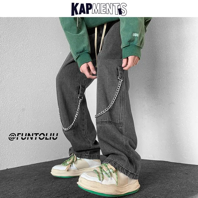 KAPMENTS Men Y2k Streetwear Baggy Jeans Ribbons 2023 Man Hip Hop High Waisted Jeans Overalls Streetewar Vintage Denim Trousers