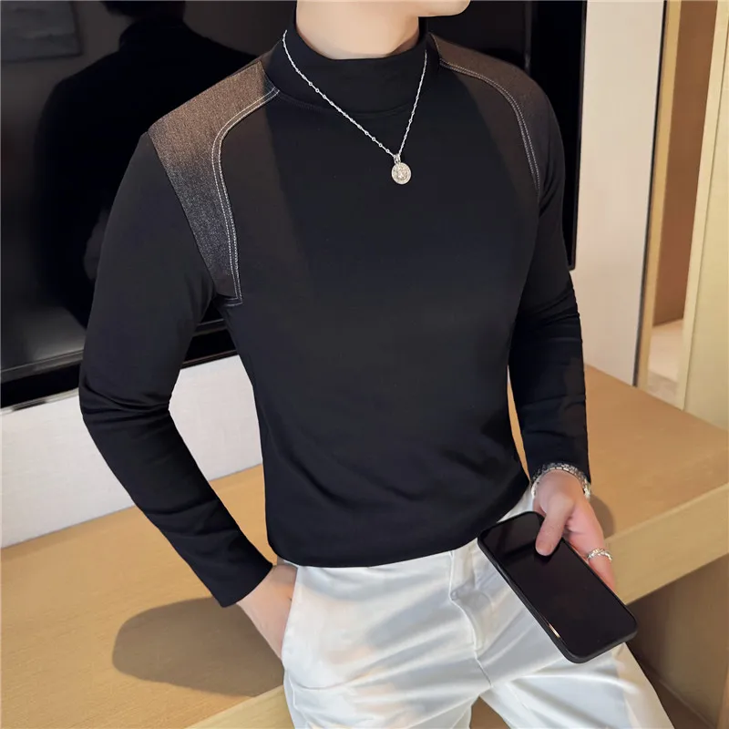 High Quality Denim Stitching Half Turtleneck Stretch T-shirt, Slim-Fit Long Sleeve Stretch Mid-Collar Bottoming Shirt, Fashion