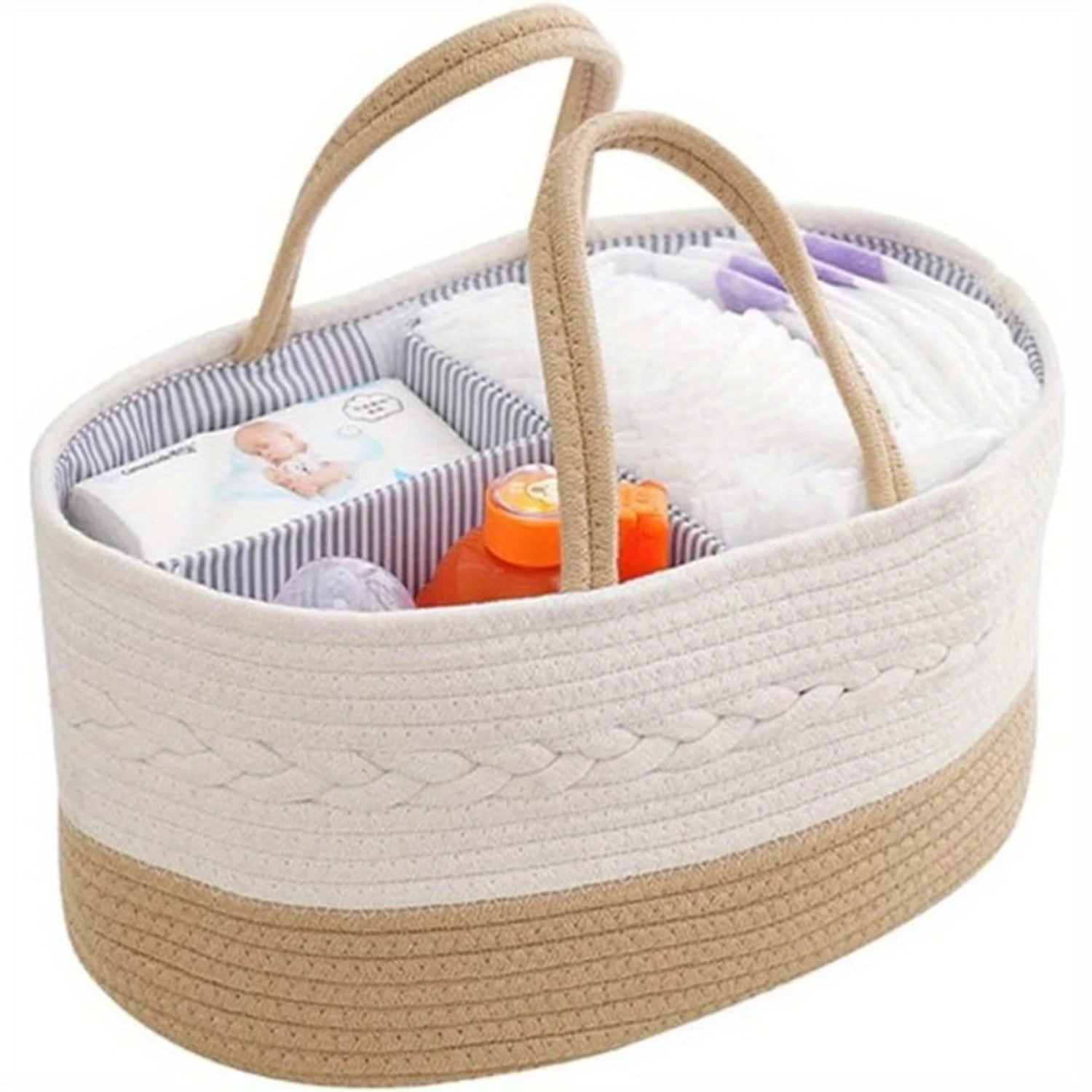 

Large Cotton Rope Diaper Caddy with Removable Divider, Portable Nursery Basket for Changing Table, Car Organizer - International