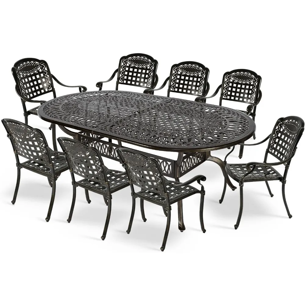 

9-Piece Outdoor Furniture Dining Set,with 8 Chairs,1 Oval Table, 2" Umbrella Hole, All Weather Cast Aluminum Patio Garden Set