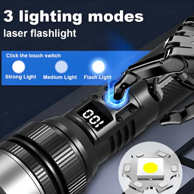High Power White Laser Zoom Flashlight Digital Power Display Rechargeable Telescopic Focus Aluminum Head LED Tactical Torch