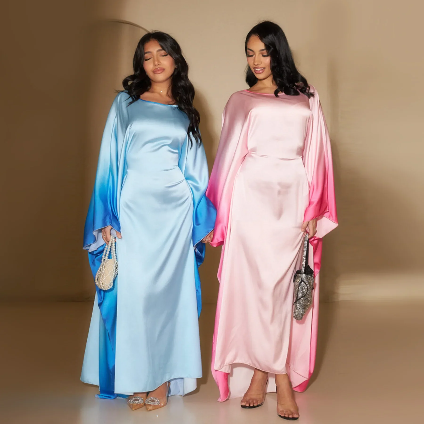 Butterfly Abaya Inside Belt Muslim Party Long Dress Gradient Satin Abayas for Women Dubai Turkey Islamic Clothes Eid Kaftan Robe