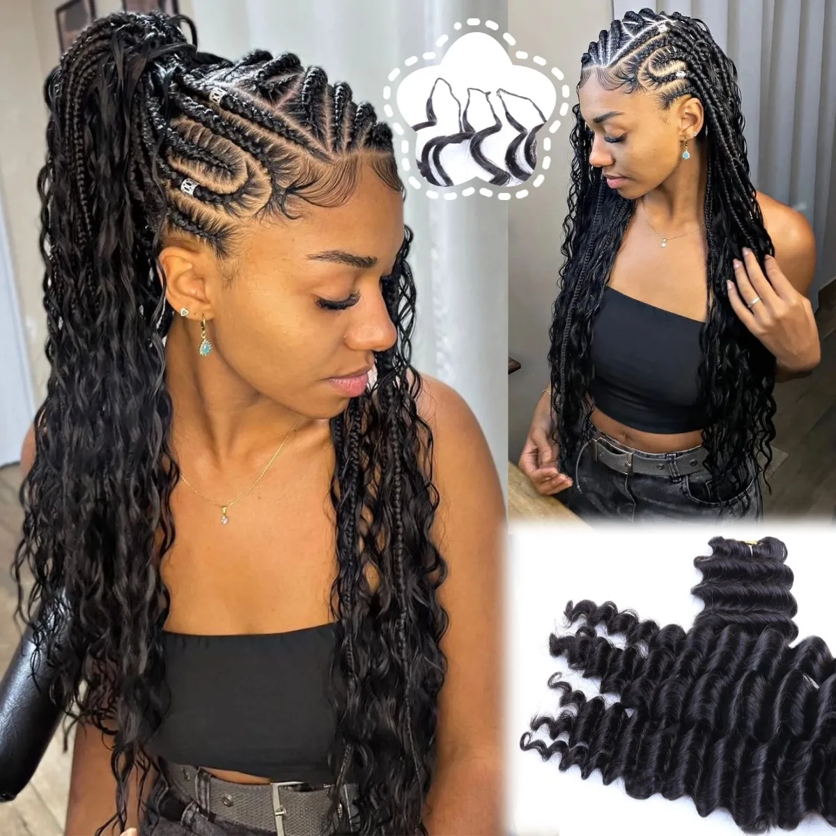Natural Black Deep Wave Feather Crochet Human Hair Bundles 100% Human Hair Pre-Separated Knotless Feather Extension Invisible Boho Braid Hair Deep Curly Braiding Extensions Soft Real Human Hair Bulk for Women Ladies Various Fashion Braided Hairstyles