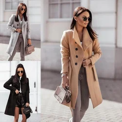 2023 Autumn and Winte Tweed Coat for Women Solid Color Lace-up Mid-length Tweed Coat Jackets for Women