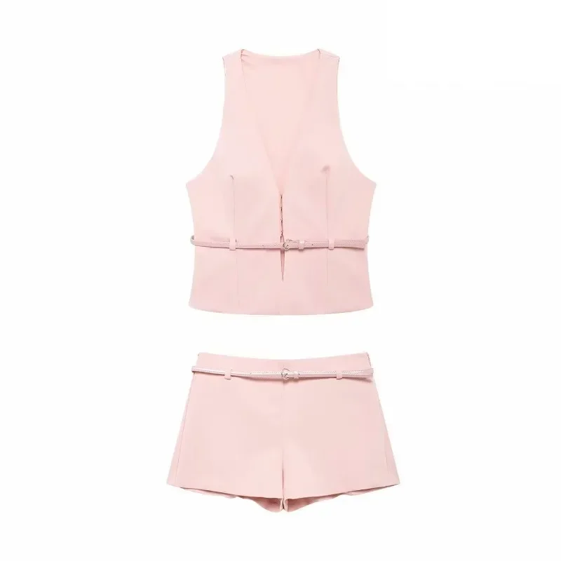 

Shorts Sets for Women 2 Pieces Office Lady Set Elegant Casual Women's Set Vacation Outfits Woman Pink Sleeveless Sets