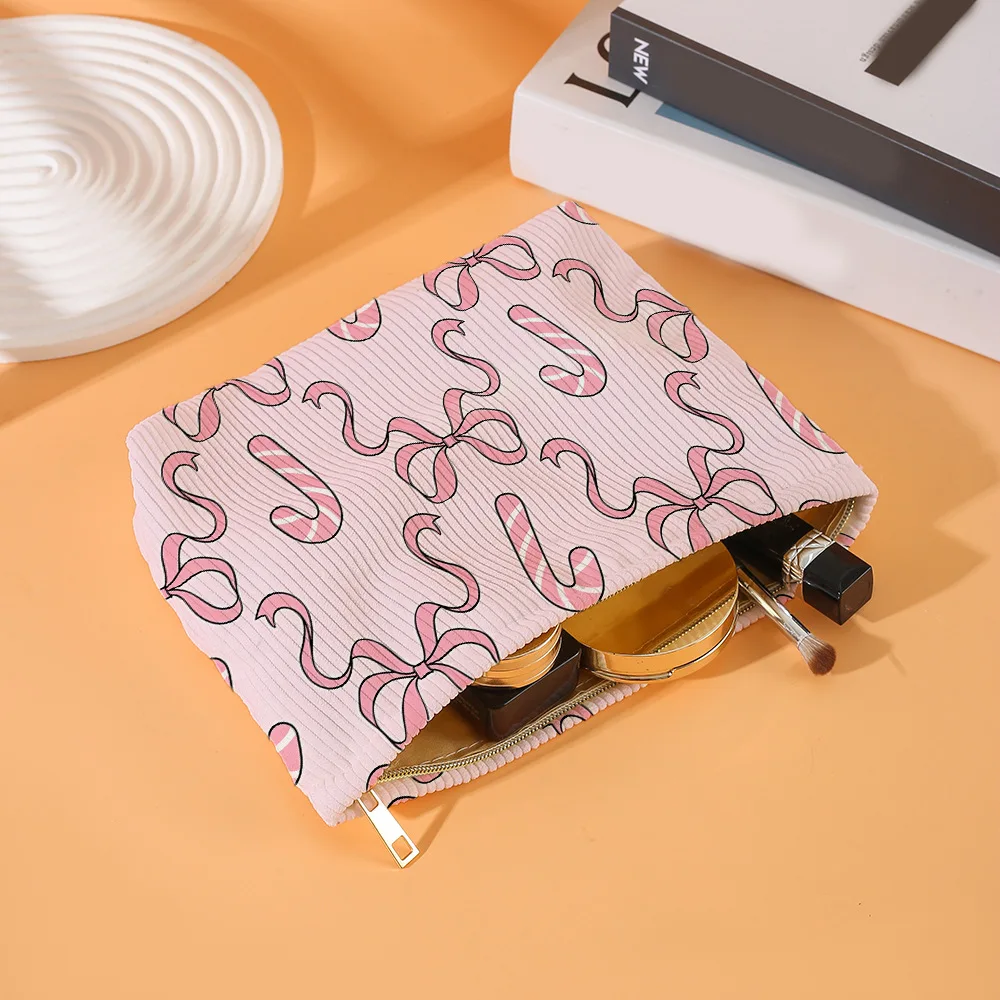 Candy Bow Ribbon Printed Polyester Soft Cosmetic Bag With Zipper, Lightweight Travel Toiletry With Lining Multi Purpose