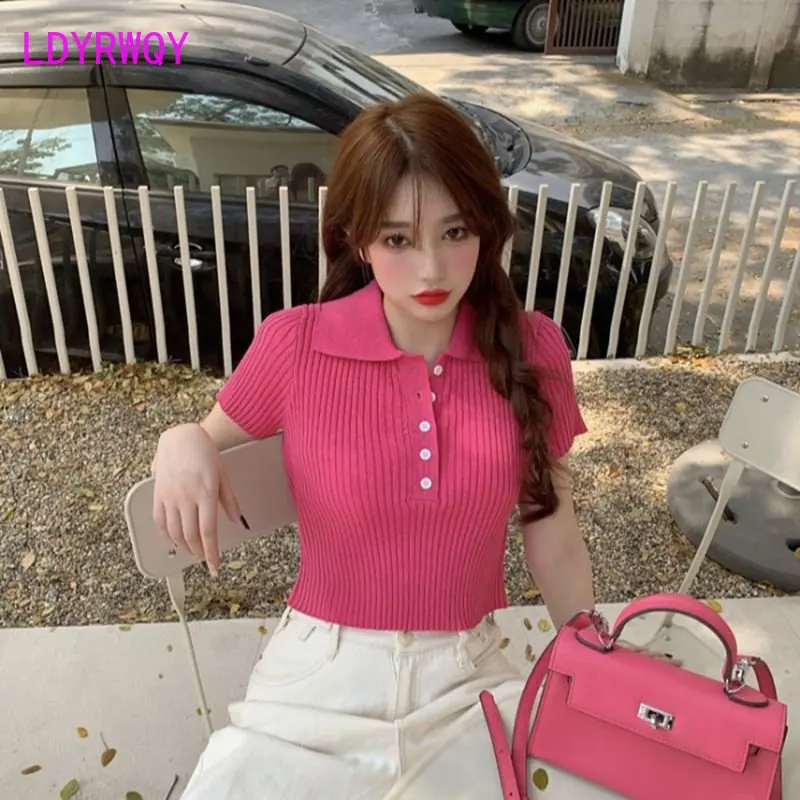 POLO Neck Knitted Short Sleeve T-shirt Women's Summer New Korean Edition Solid Color Versatile Slim Fit Short Open Navel Top