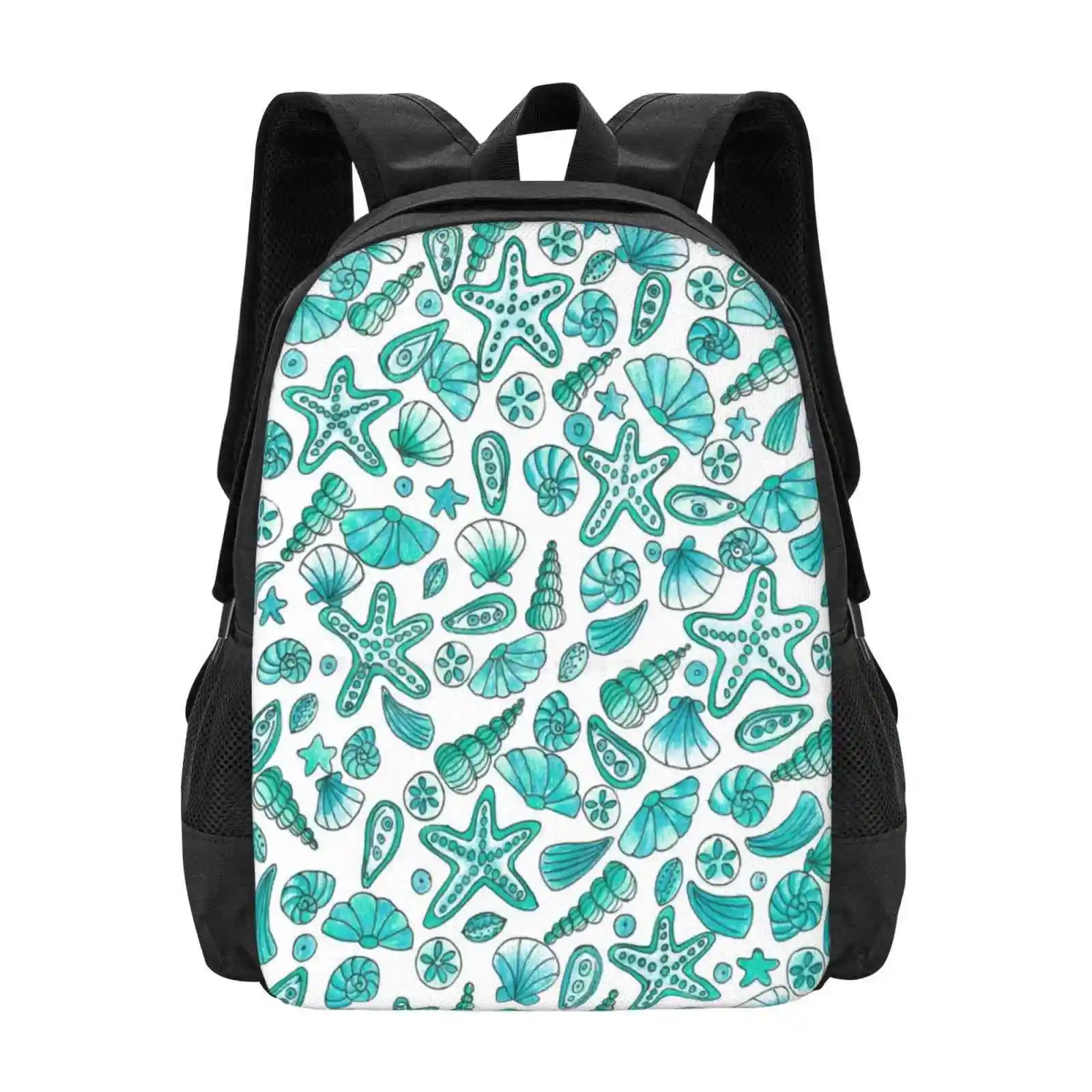 Turquoise Seashells Hot Sale Schoolbag Backpack Fashion Bags Seashells Beach Coastal Ocean Summer Turquoise Tropical Pattern