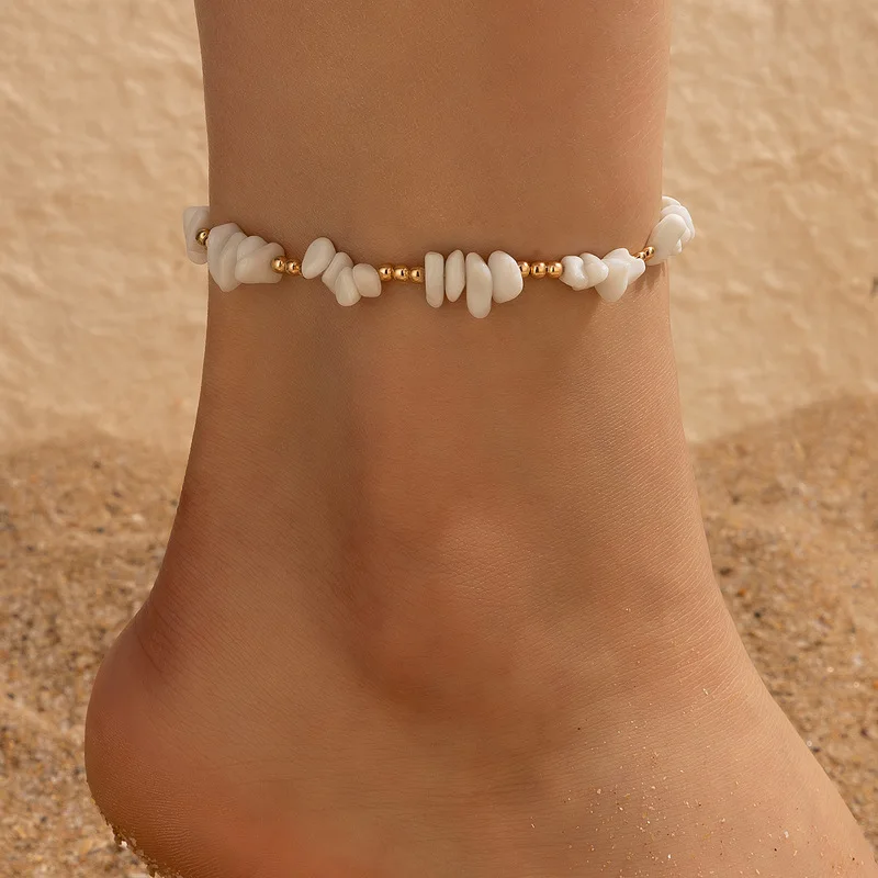 Summer Beach Crushed Stone Chain Anklet Set For Women Boho Shell Charm Ankle Bracelet On The Leg Handmade Fashion Jewelry