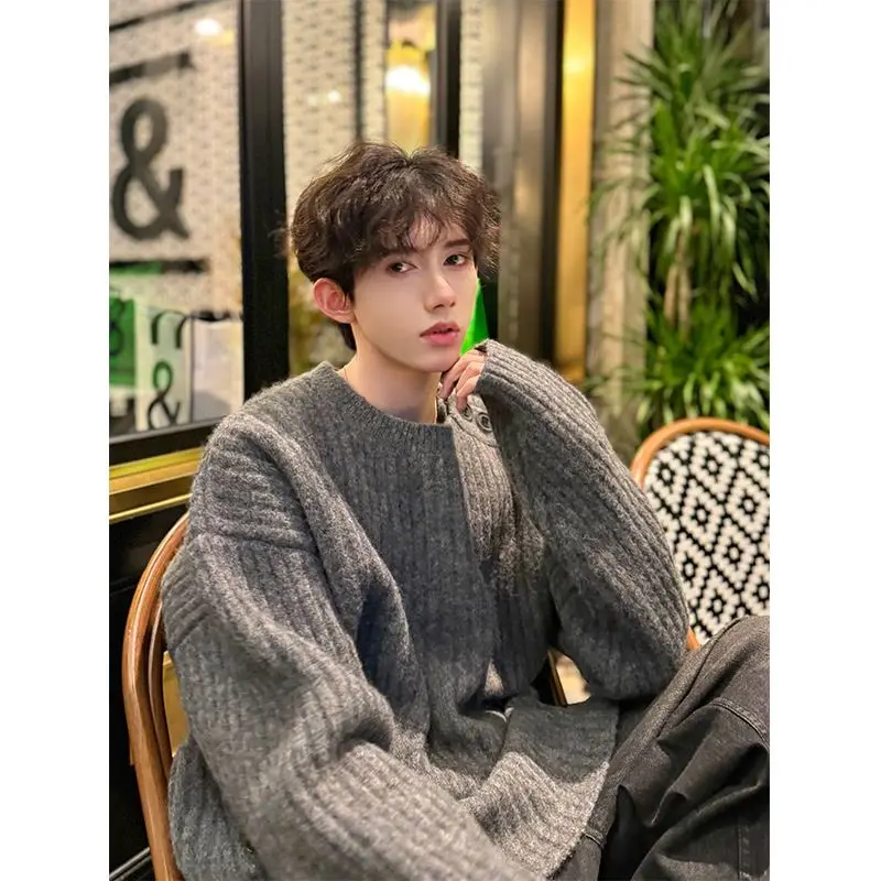 cleanfit dark gray pit pattern sweater men's winter heavyweight lazy style buttoned sweater niche splicing sweater y2k ins emo