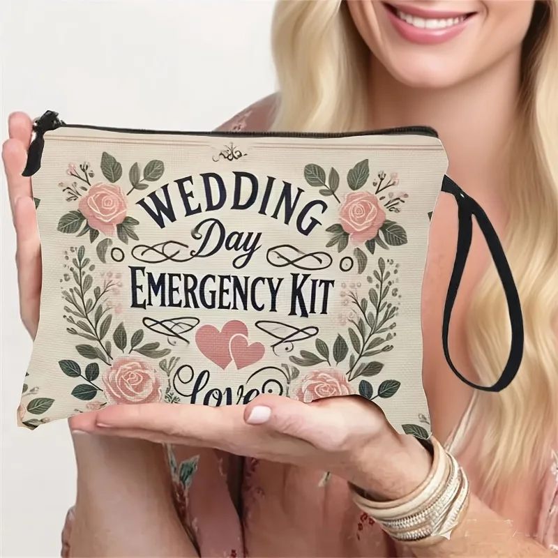 Floral Wedding Emergency Bag Fashionable And Convenient Makeup Bag with Wrist Strap Bride'S Toiletry Bag Lightweight Zipper Stor