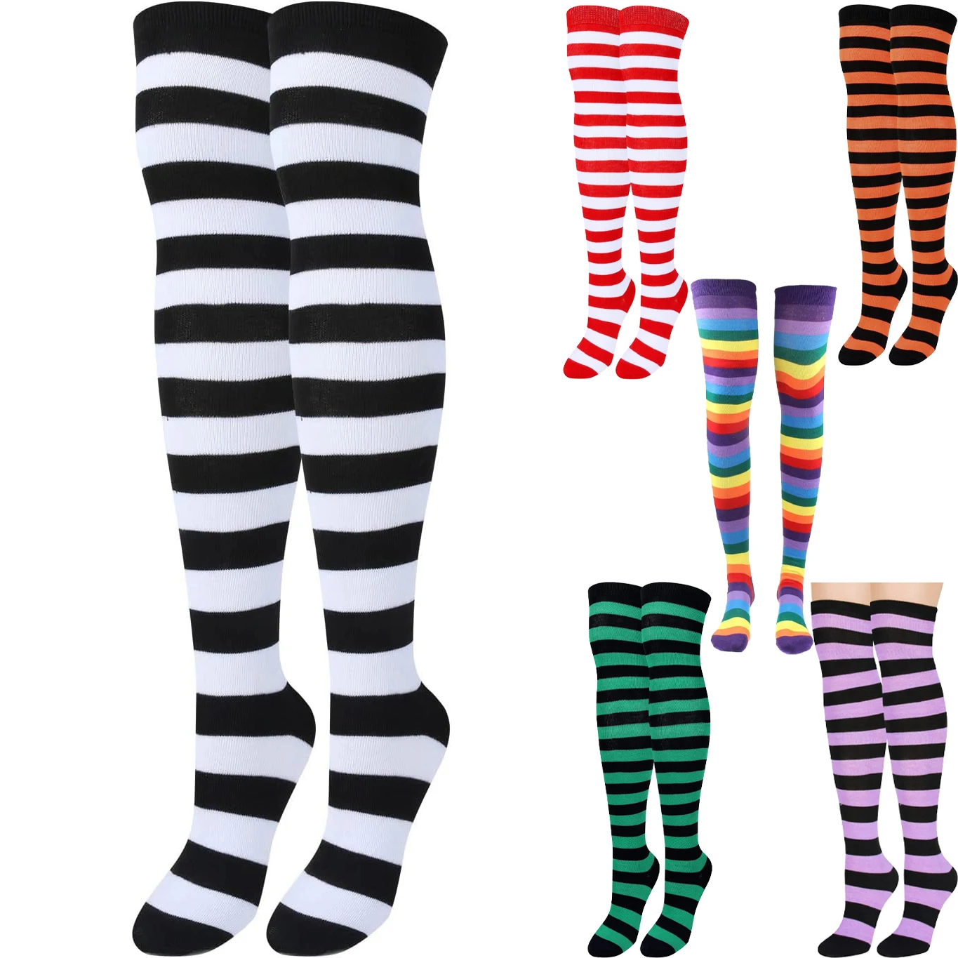 

1 Pair Y2k Womens Striped Thigh High Stockings Ladies Girls Cosplay Lolita Harajuku Black White pink Long Over Above Knee Socks