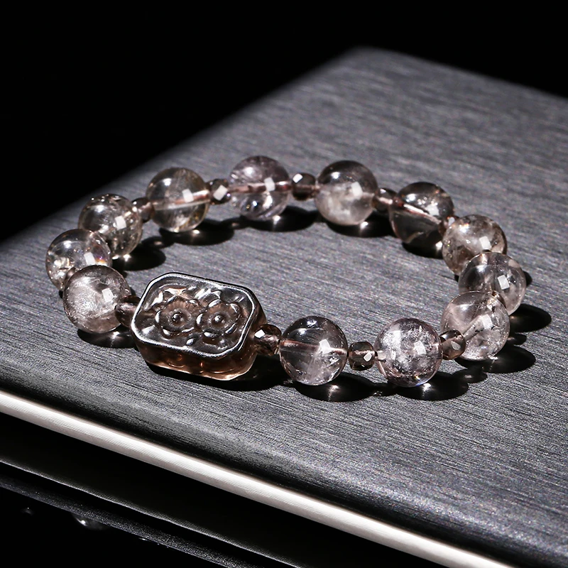 JD Natural Astrist Smoky Quartz Ice Obsidian Flower Rectangular Design Bracelet Women Good Lucky Stretch Bangles Balance Jewelry