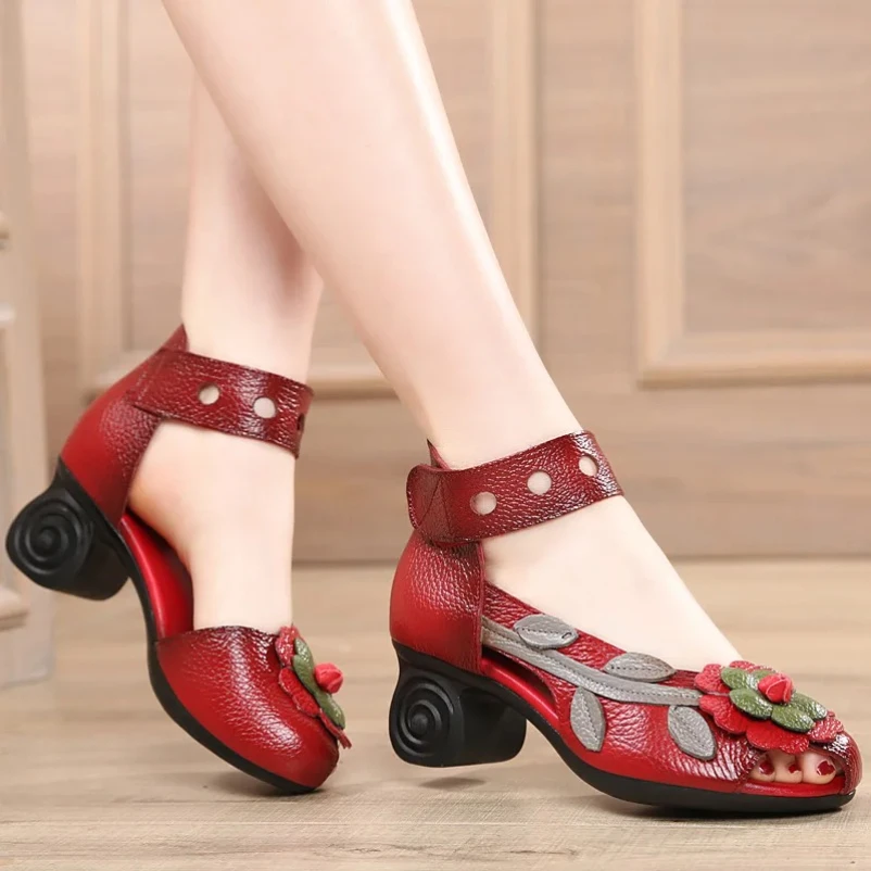 

2025 Beauty Summer Genuine Leather Folk Wind Thick Sandals Flower Fish Mouth Handmade High Heel Female Shoes