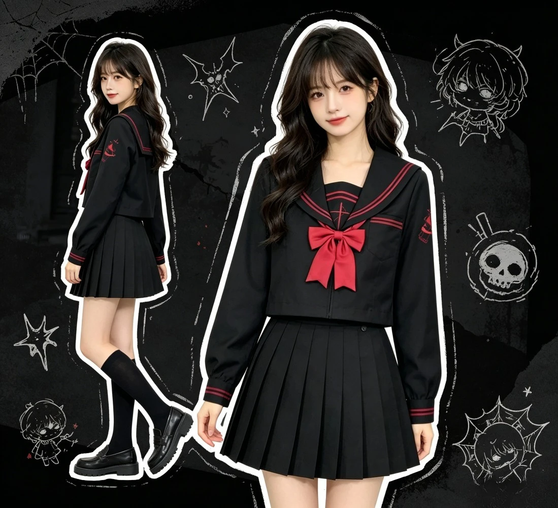 Dark JK Uniform Japanese College Style Black Red  Sailor Suit School Uniform for Campus Daily Graduation Photo Casual Wear