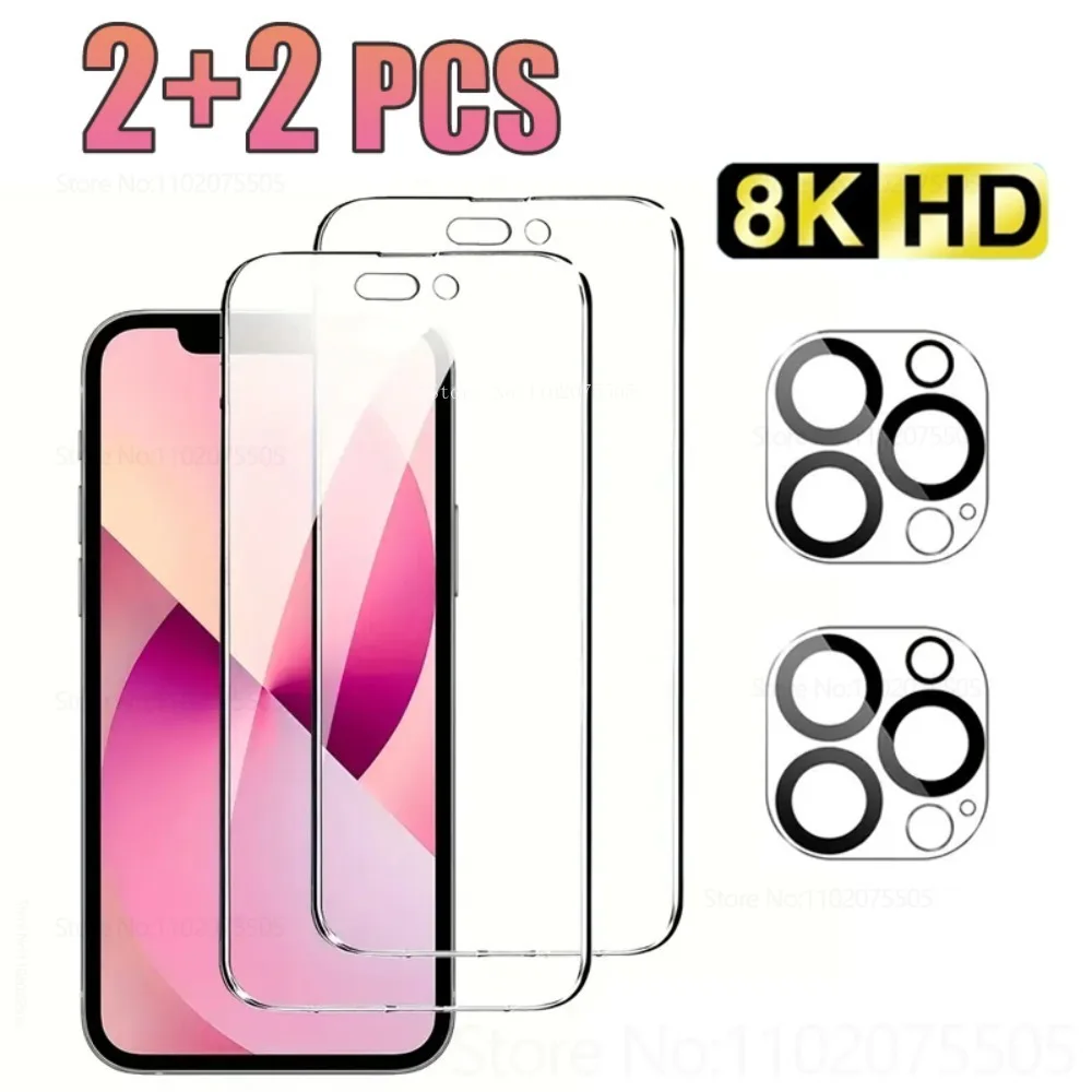 

[2+2]2Pcs HD Black Border Tempered Glass+2Pcs Camera Lens Protectors for IPhone 11 Promax 12Mini 15 Plus 14 13 Promax 16E 16 Pro