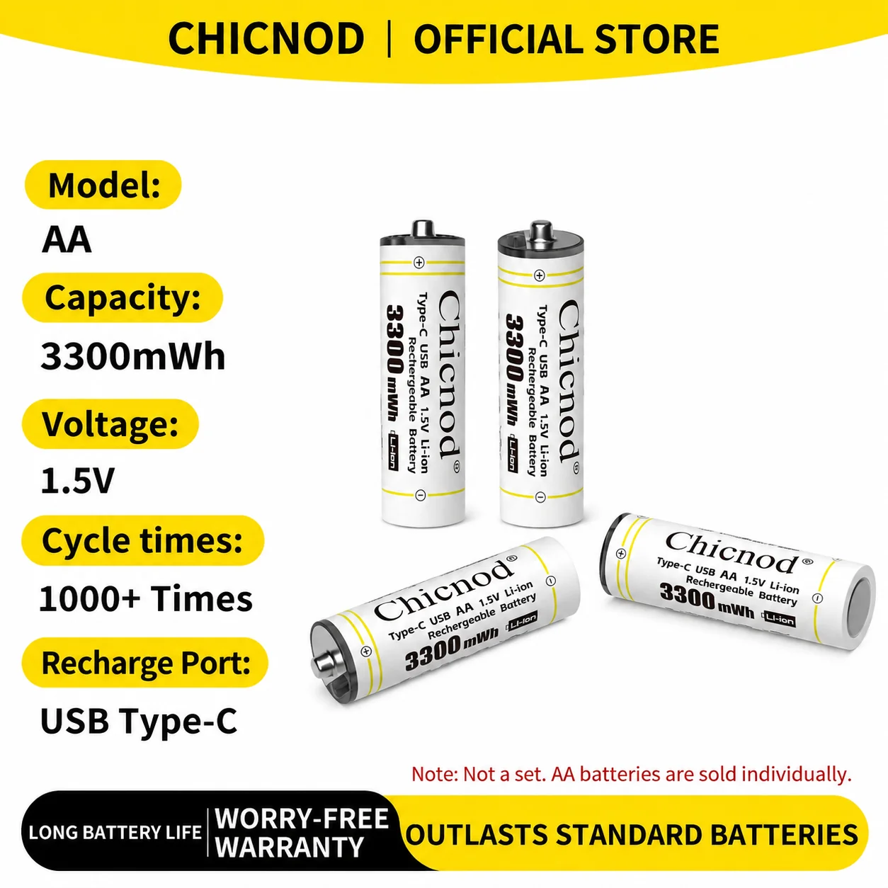 CHICNOD AA Rechargeable Battery 1.5V 3300mWh Li-ion Battery USB Type-C Fast Charging Batteries for Game Controller Mouse Toys